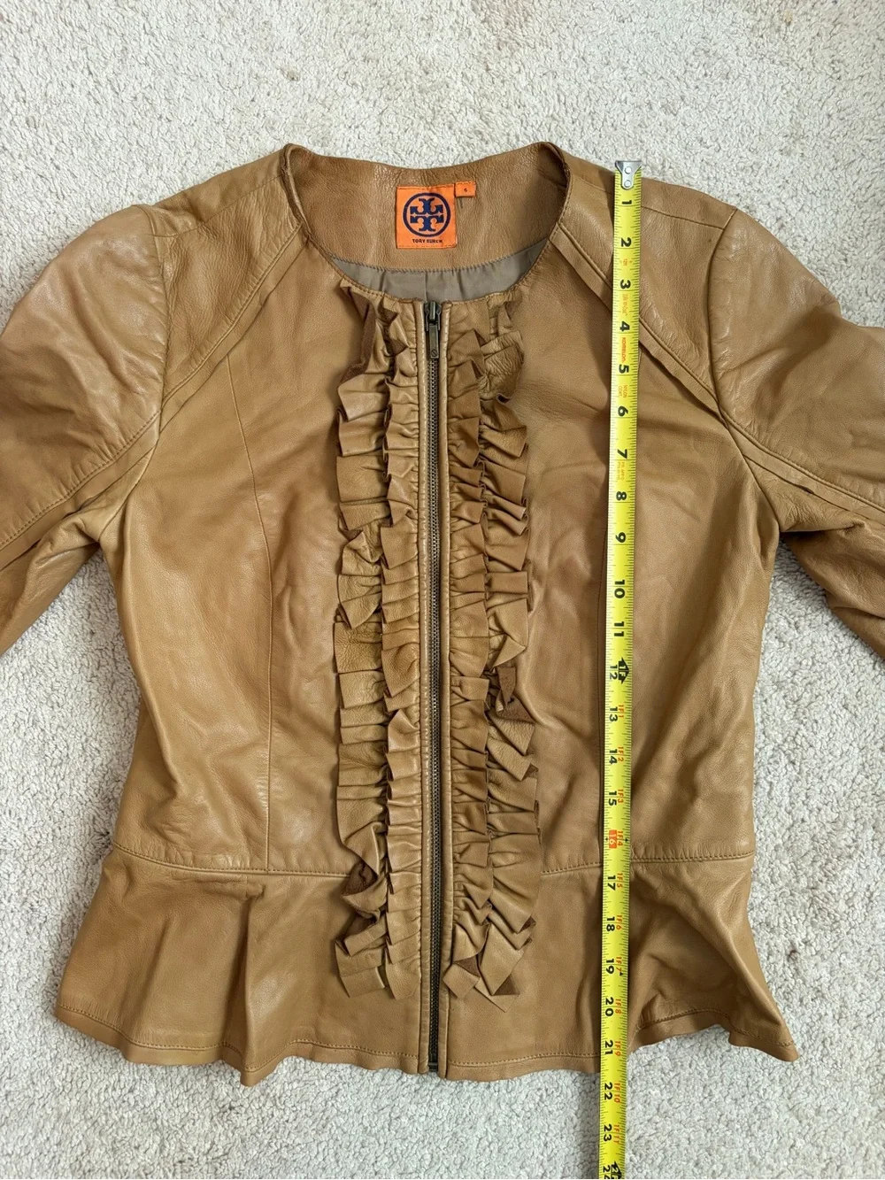 Tory Burch Ruffle Leather Jacket Tan Cognac Brown 3/4 Sleeve Full Zip Women Sz 6